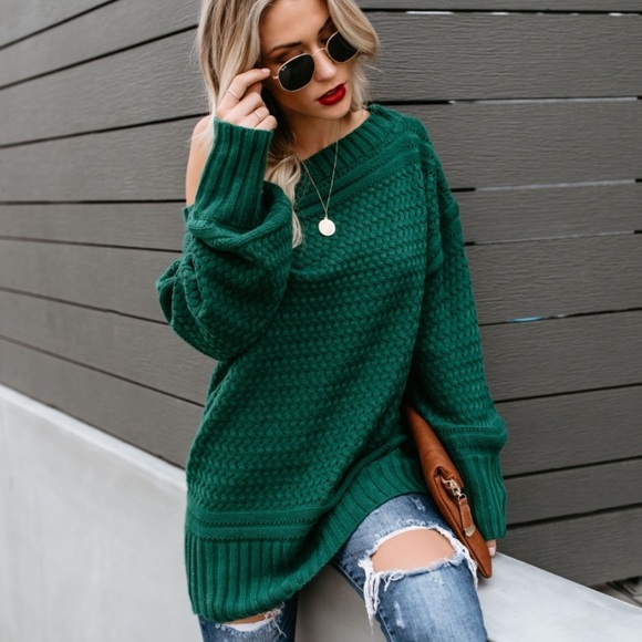 Vici Sweaters - GORGEOUS VICI Green Off The Shoulder Sweater, S/M